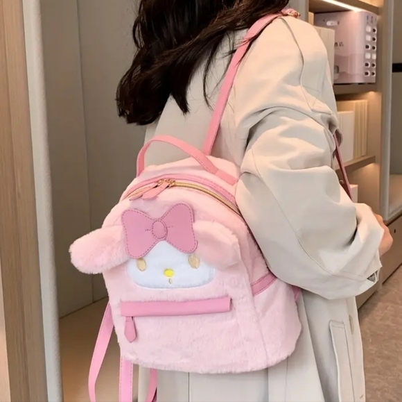 NWT! Sanrio My Melody Pink Plush Embroidered Double Zipper Mini Backpack - Picture 2 of 7